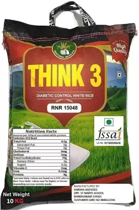THINK3 RNR 15048 LOW CARBS LOW GI RICE Sona Masoori Rice (Small Grain, Raw)  (10 kg)